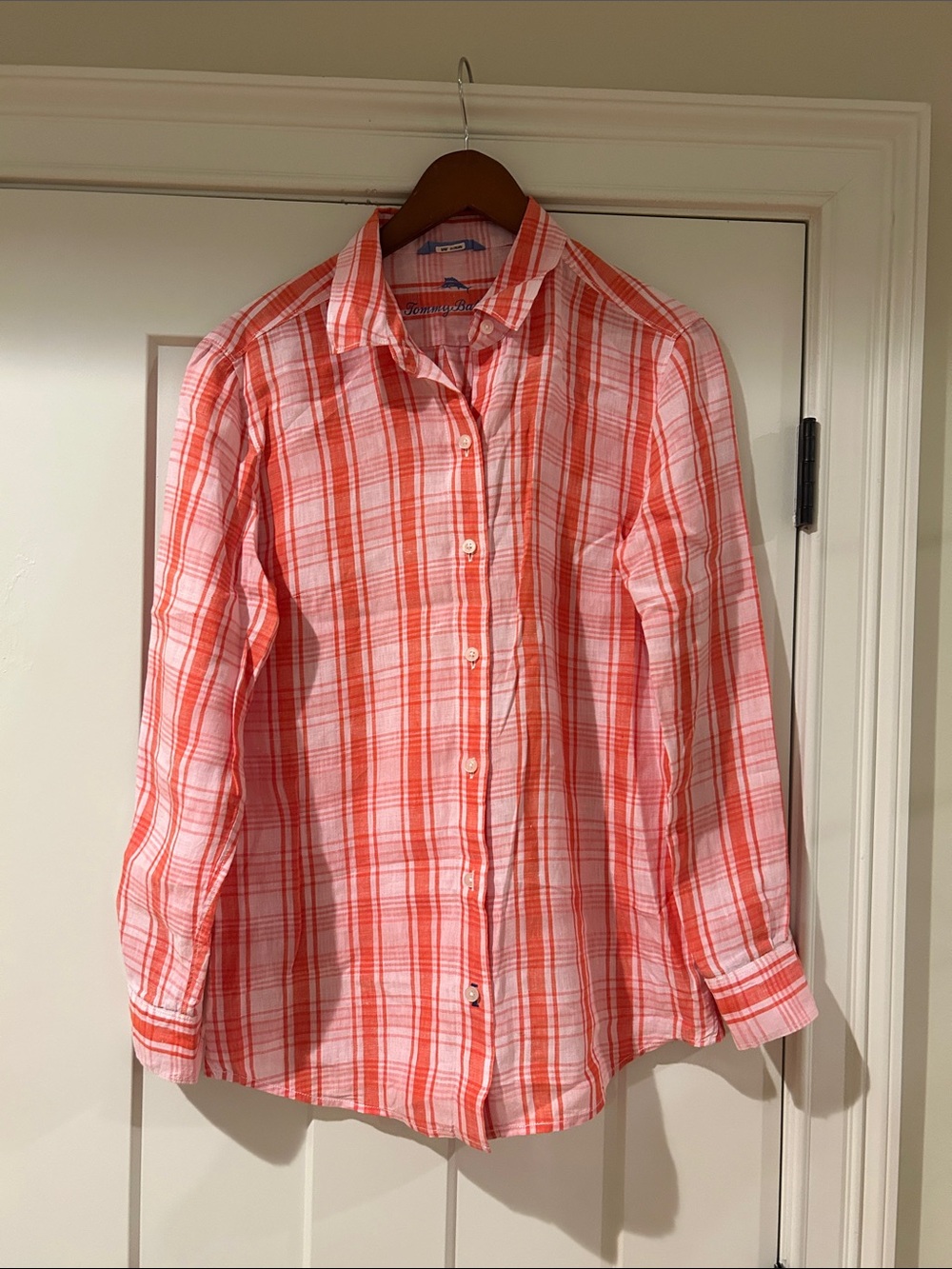 Tommy Bahama Coral and White Plaid Button-Down Shirt